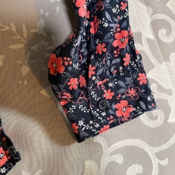 OSHKOSH B'Gosh Girls 4 Top Shirt Pleated Front Navy Blue Pink Floral Print - Picture 3 of 9